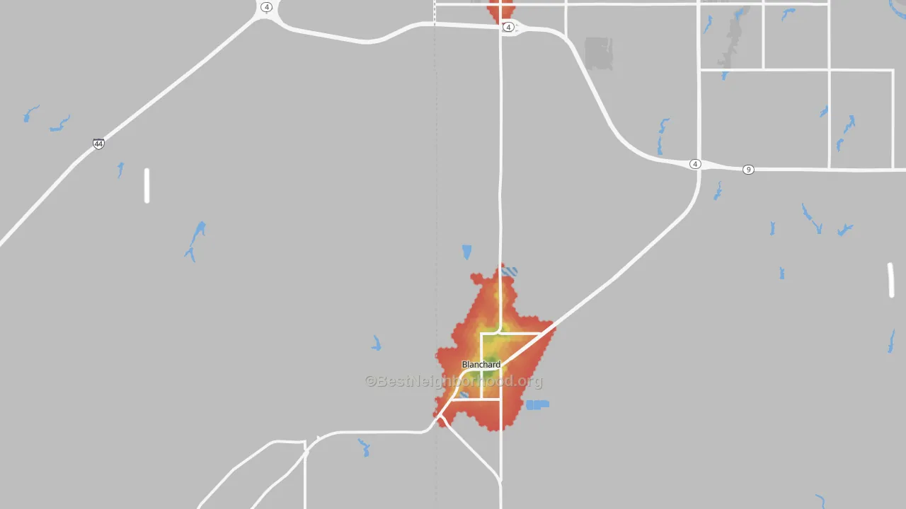 Walk Grade map of Blanchard, OK, walkable areas in green and car-dependent areas in red