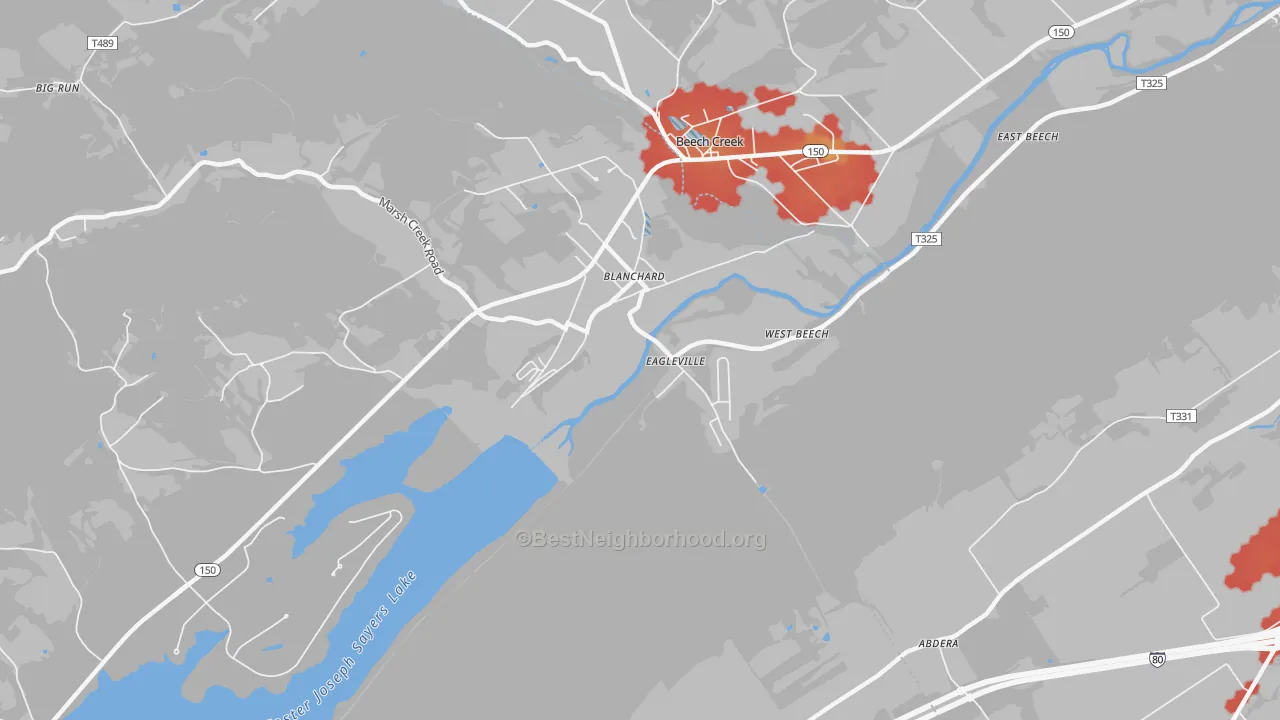 Walk Grade map of Blanchard, PA, walkable areas in green and car-dependent areas in red