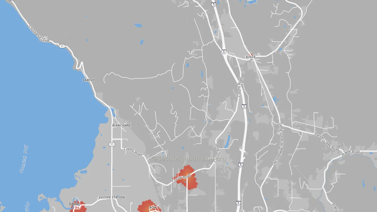 Walk Grade map of Blanchard, WA, walkable areas in green and car-dependent areas in red