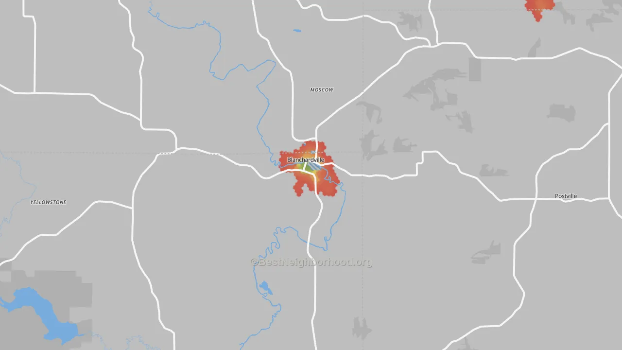 Walk Grade map of Blanchardville, WI, walkable areas in green and car-dependent areas in red