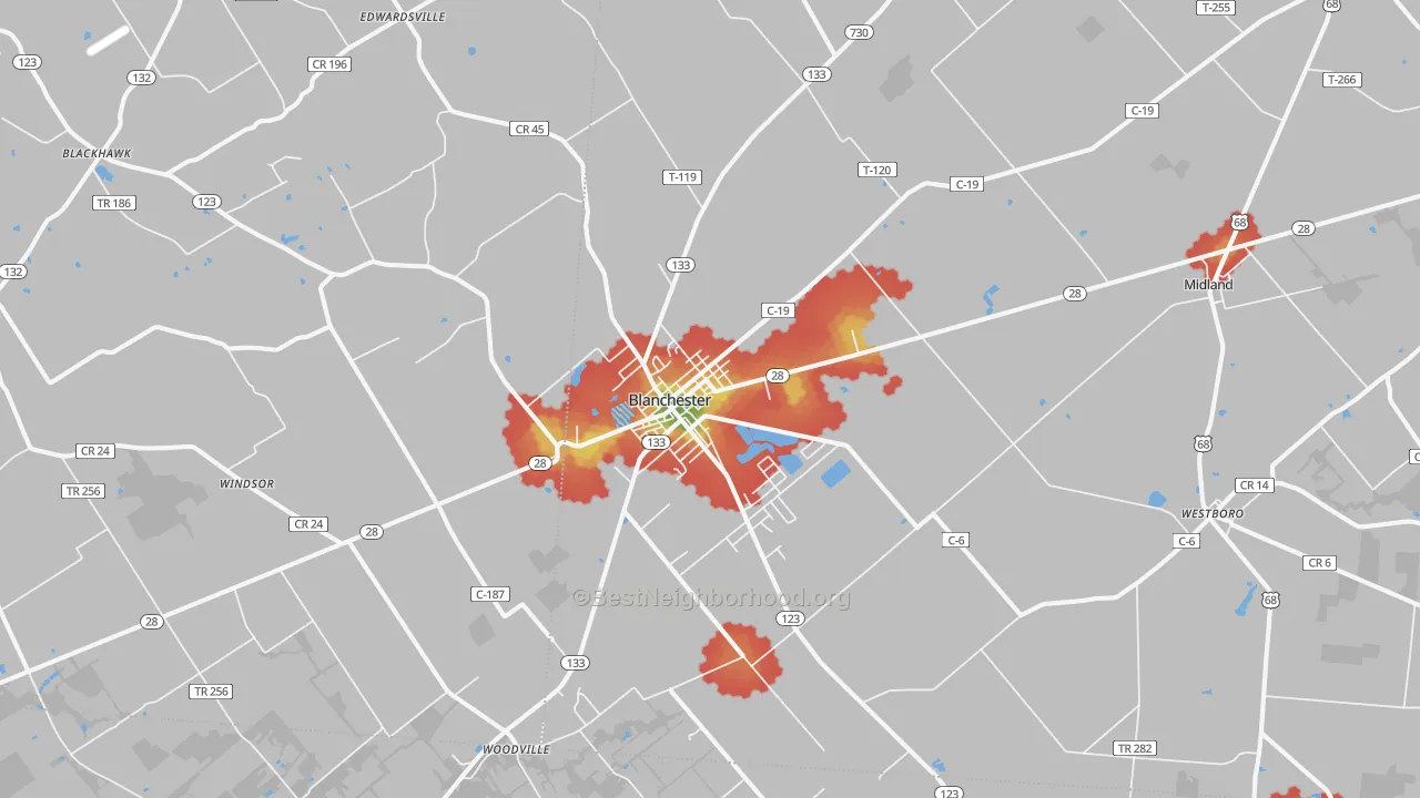 Walk Grade map of Blanchester, OH, walkable areas in green and car-dependent areas in red
