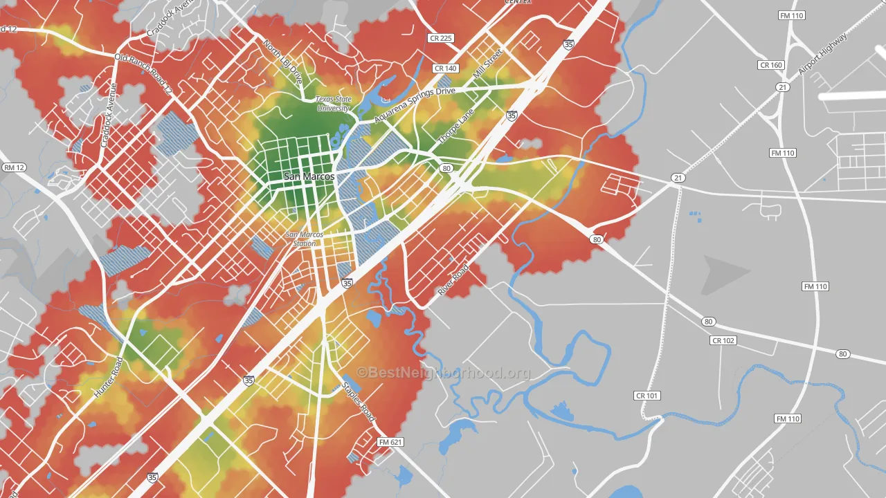 Walk Grade map of Blanco Gardens, San Marcos, TX, walkable areas in green and car-dependent areas in red