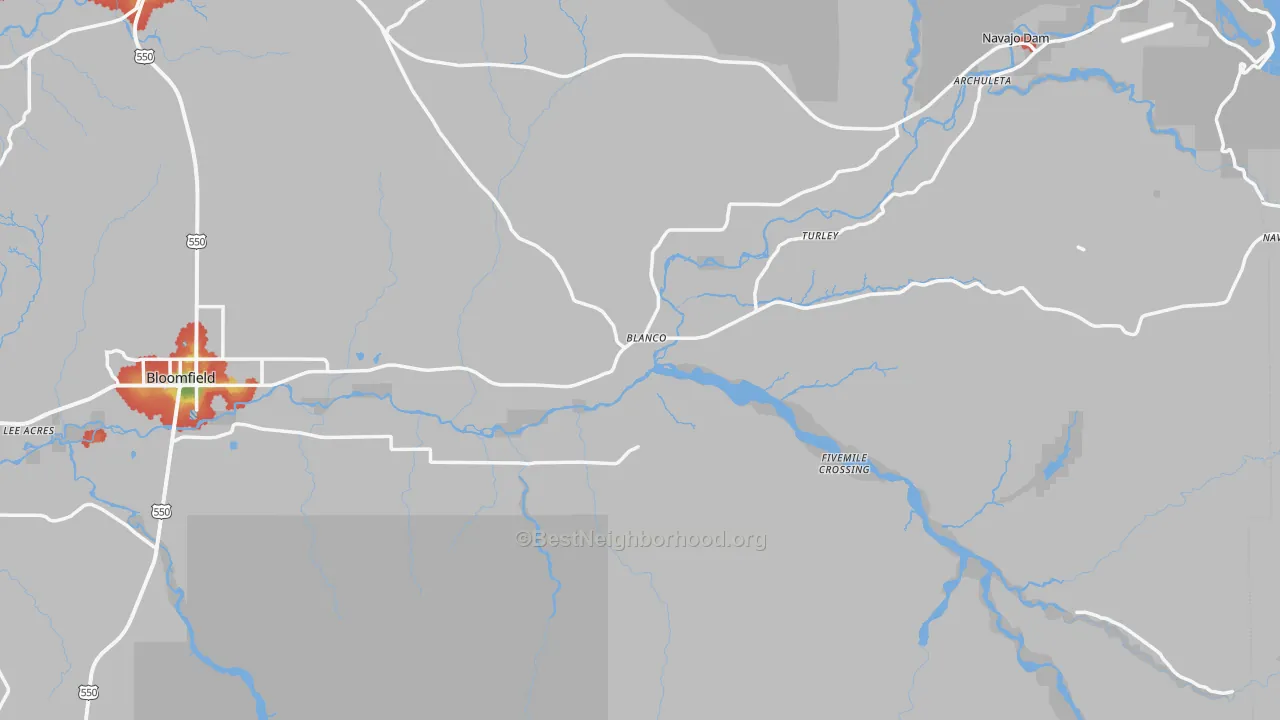 Walk Grade map of Blanco, NM, walkable areas in green and car-dependent areas in red