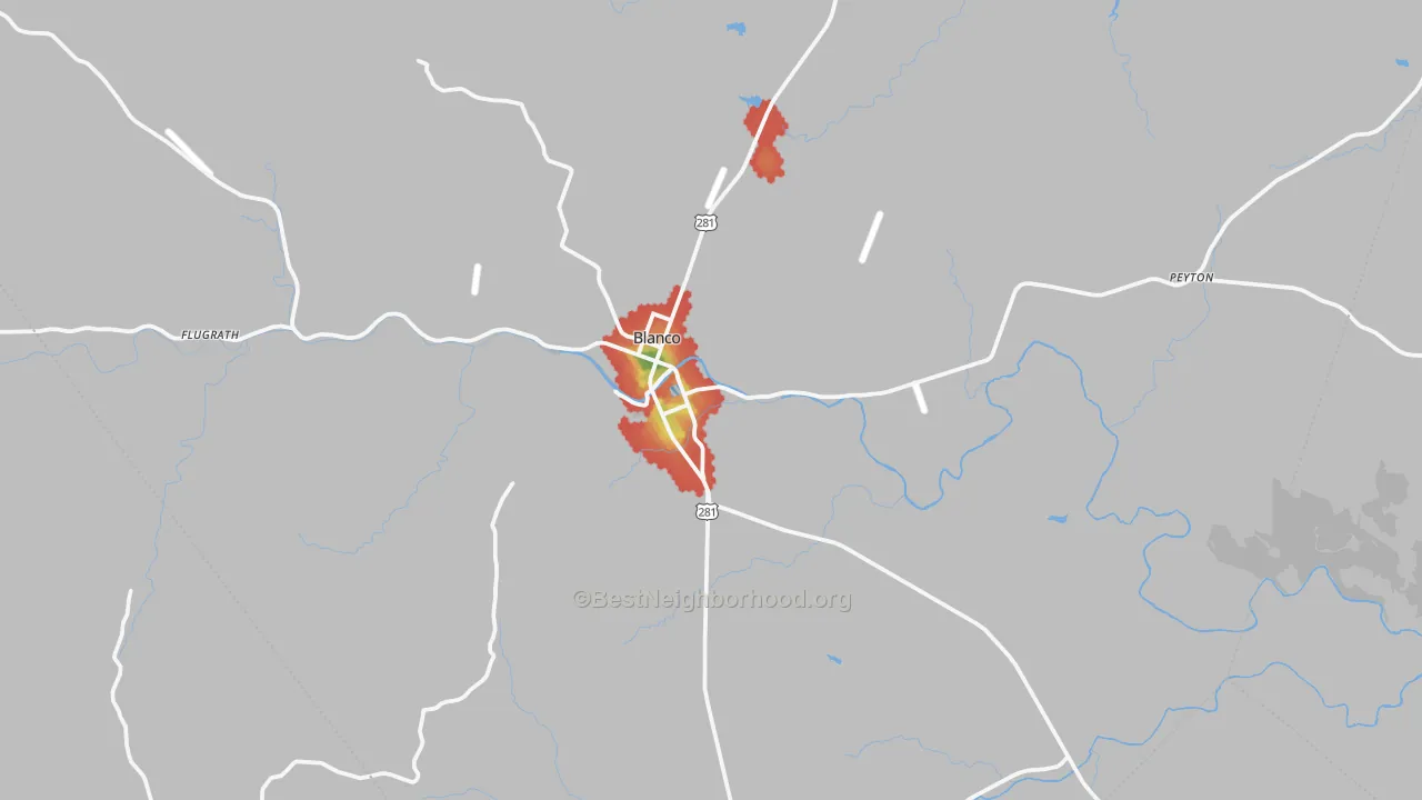 Walk Grade map of Blanco, TX, walkable areas in green and car-dependent areas in red