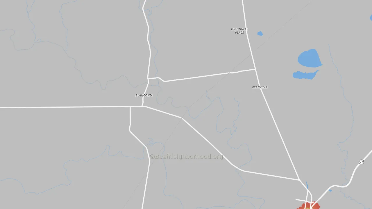 Walk Grade map of Blanconia, TX, walkable areas in green and car-dependent areas in red