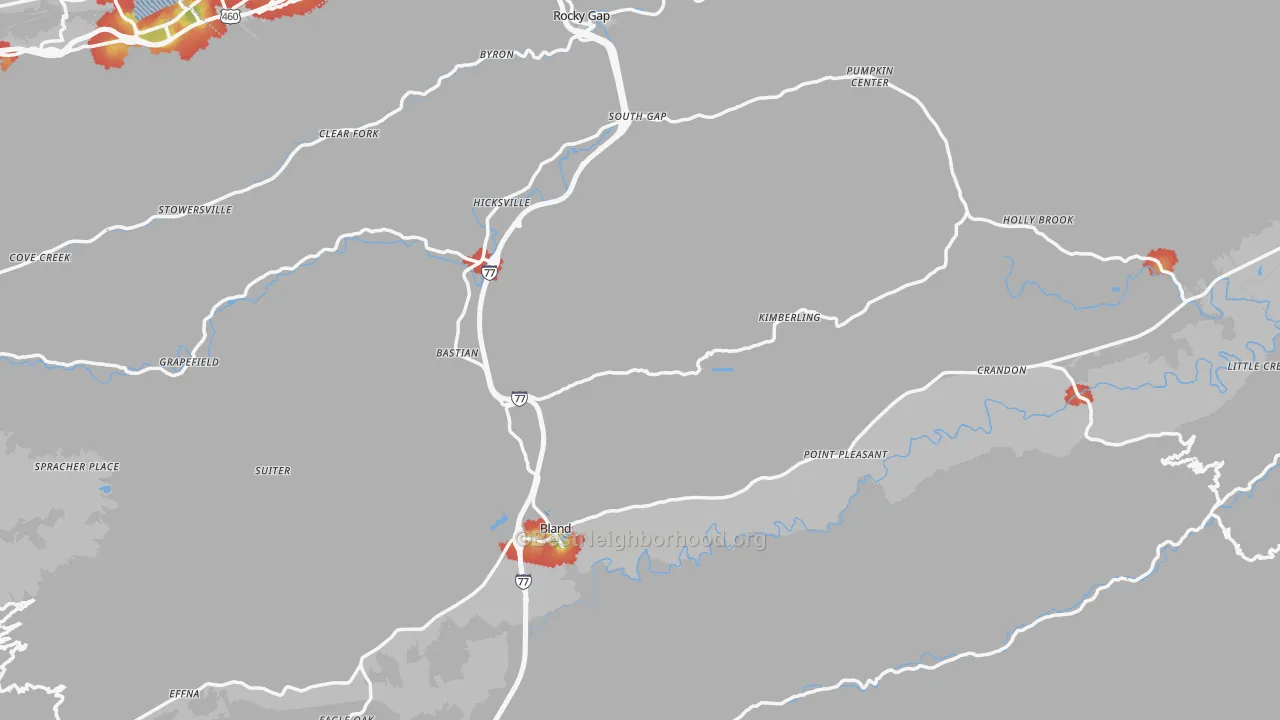 Walk Grade map of Bland County, VA, walkable areas in green and car-dependent areas in red