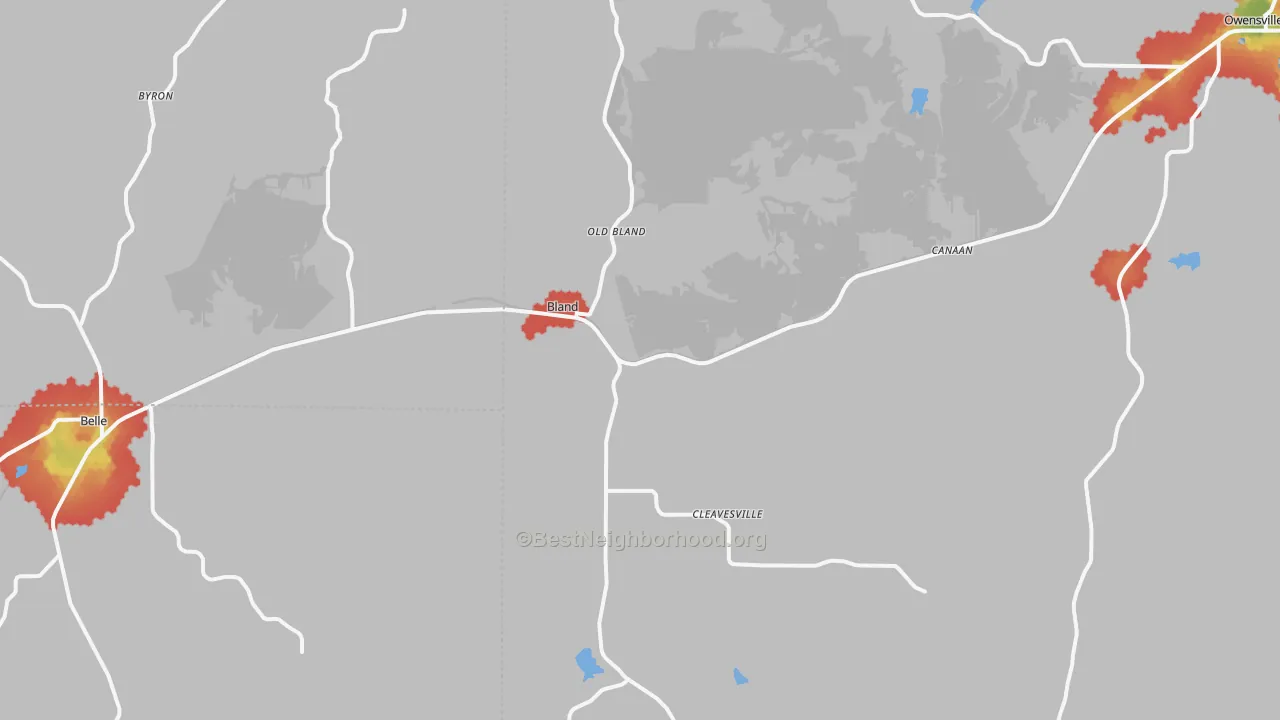 Walk Grade map of Bland, MO, walkable areas in green and car-dependent areas in red