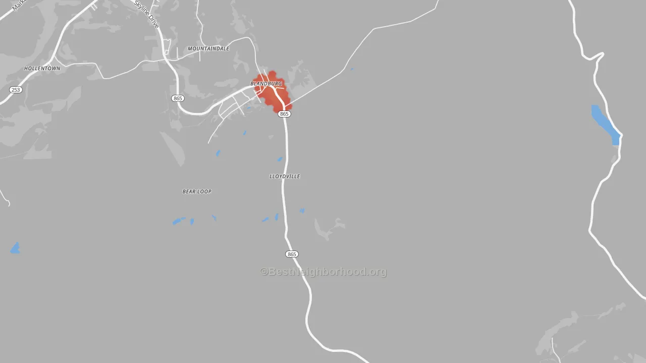 Walk Grade map of Blandburg, PA, walkable areas in green and car-dependent areas in red