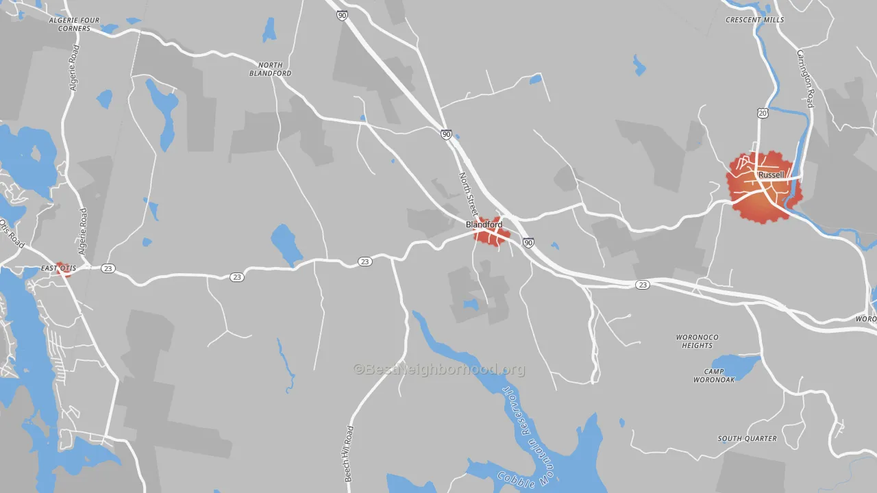 Walk Grade map of Blandford, MA, walkable areas in green and car-dependent areas in red