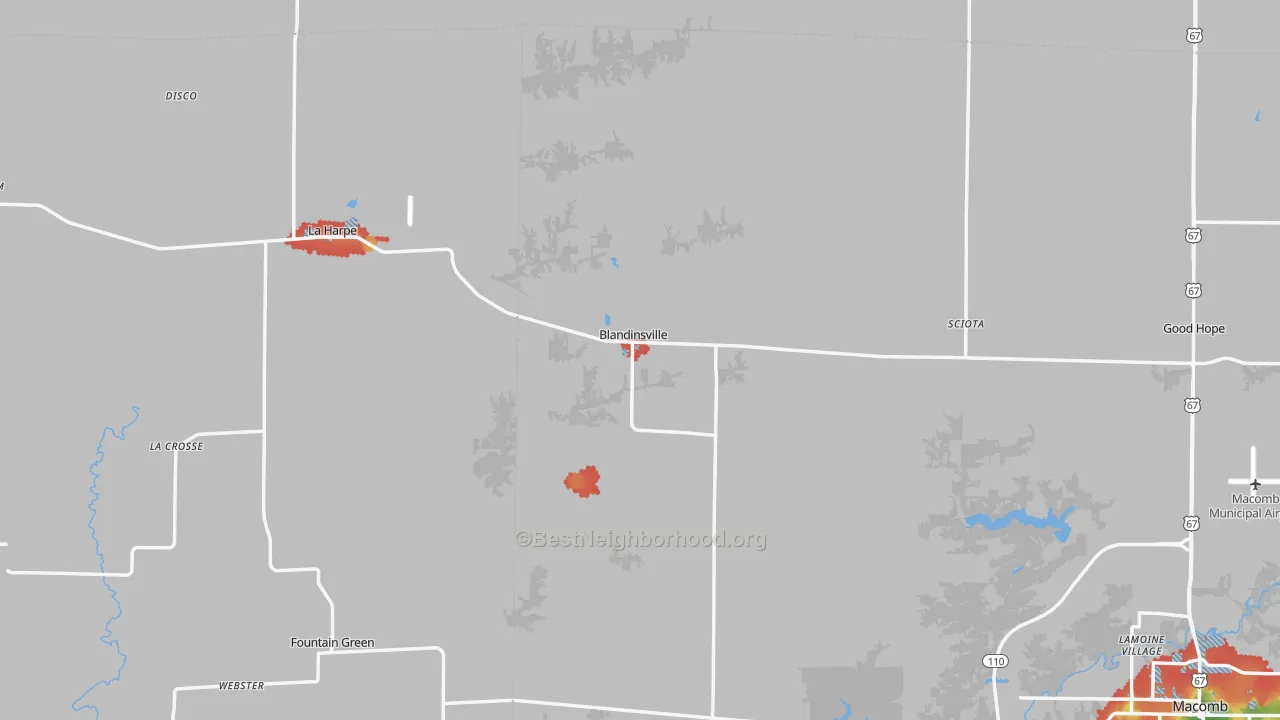 Walk Grade map of Blandinsville, IL, walkable areas in green and car-dependent areas in red