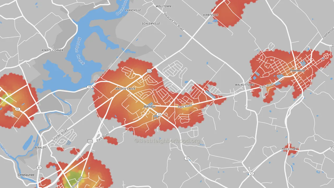 Walk Grade map of Blandon, PA, walkable areas in green and car-dependent areas in red