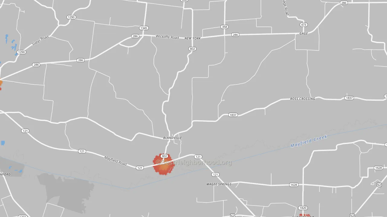 Walk Grade map of Blandville, KY, walkable areas in green and car-dependent areas in red
