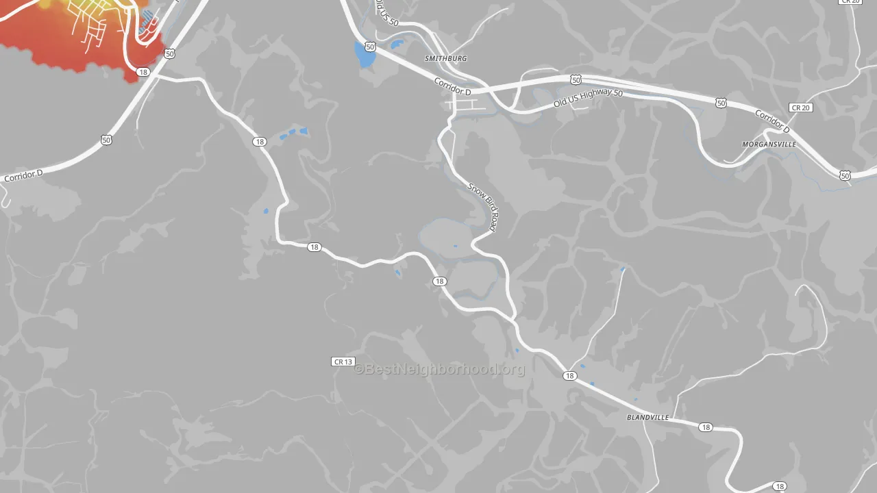 Walk Grade map of Blandville, WV, walkable areas in green and car-dependent areas in red