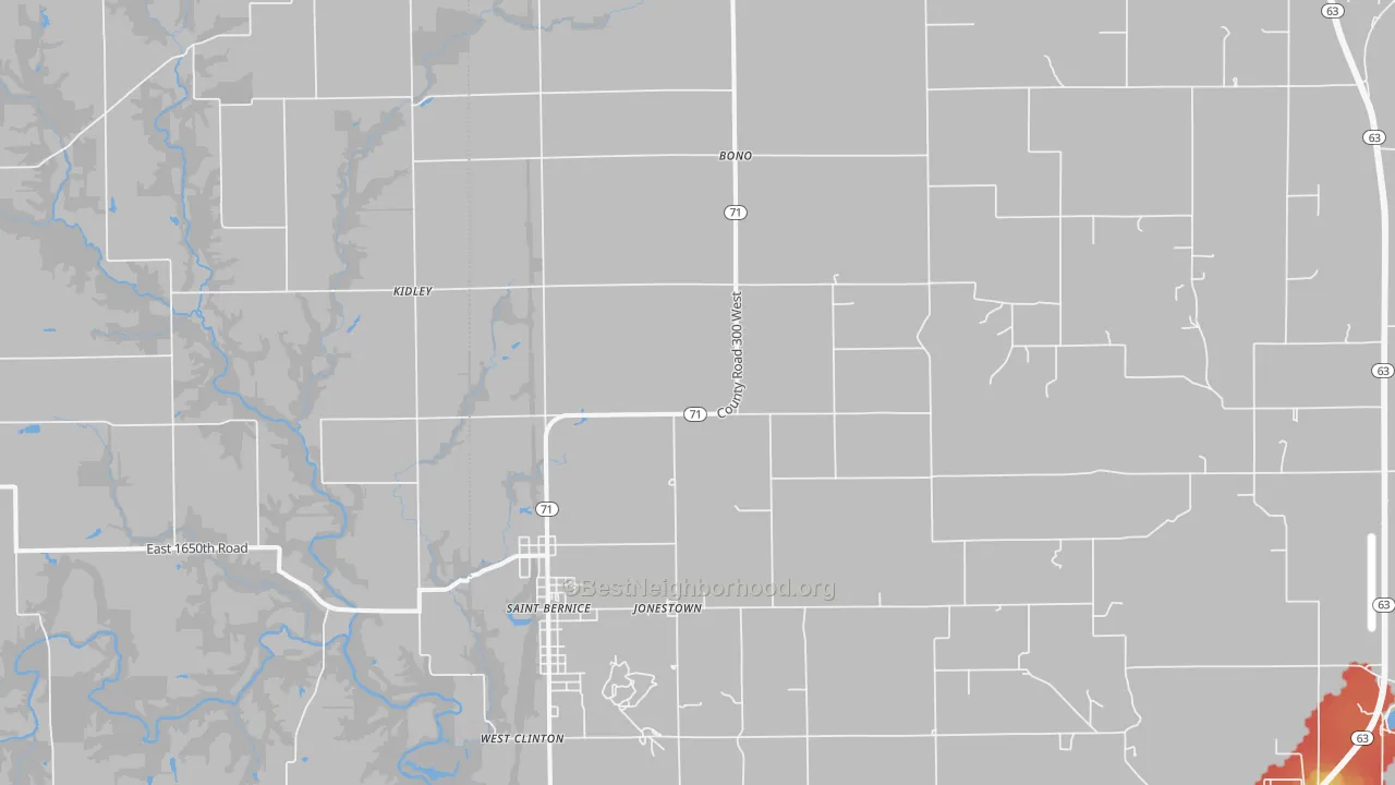 Walk Grade map of Blanford, IN, walkable areas in green and car-dependent areas in red