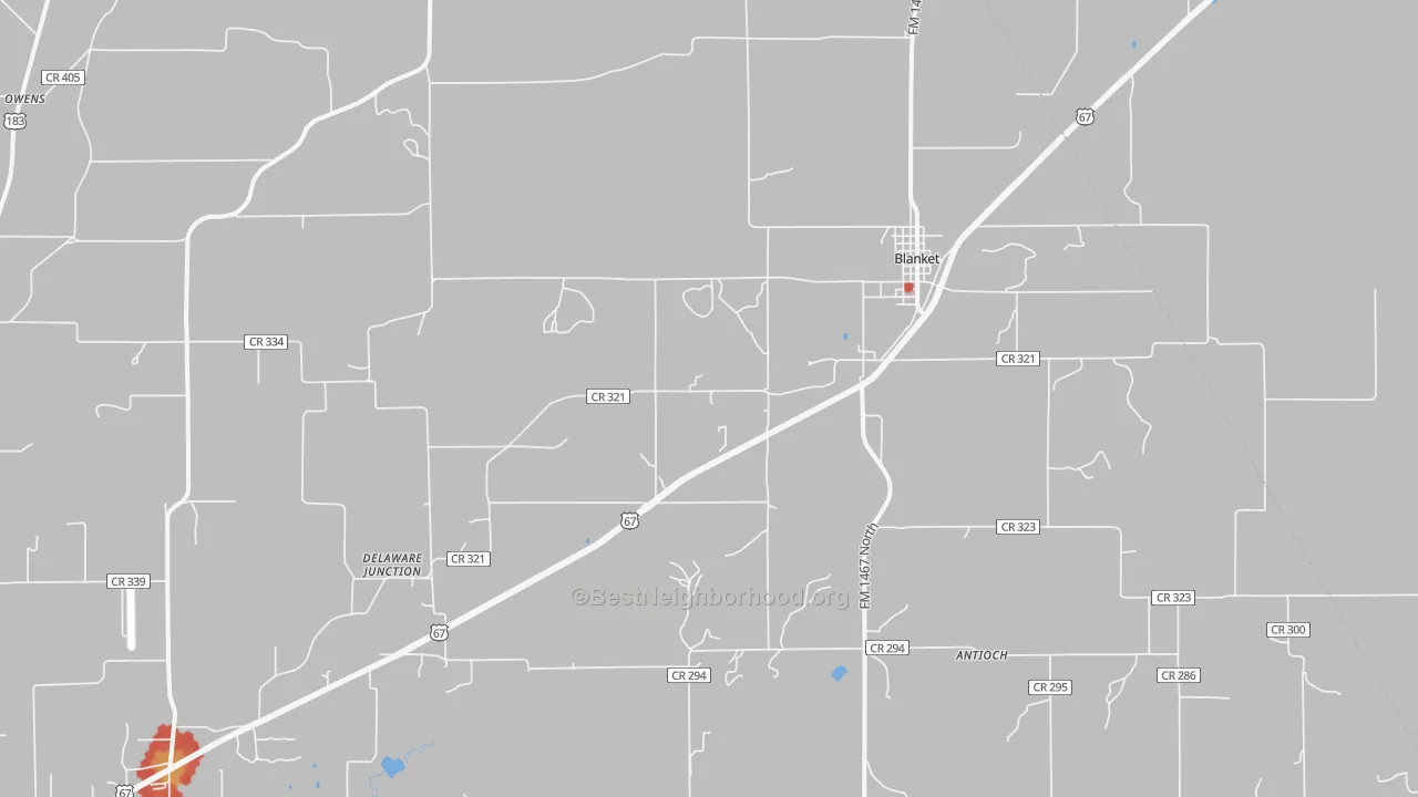 Walk Grade map of Blanket, TX, walkable areas in green and car-dependent areas in red