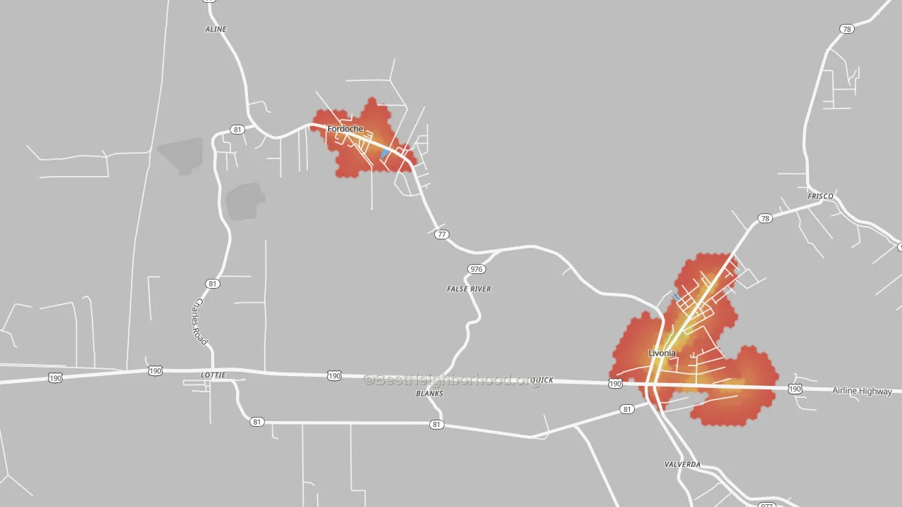 Walk Grade map of Blanks, LA, walkable areas in green and car-dependent areas in red