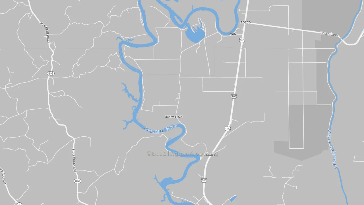 Walk Grade map of Blankston, LA, walkable areas in green and car-dependent areas in red
