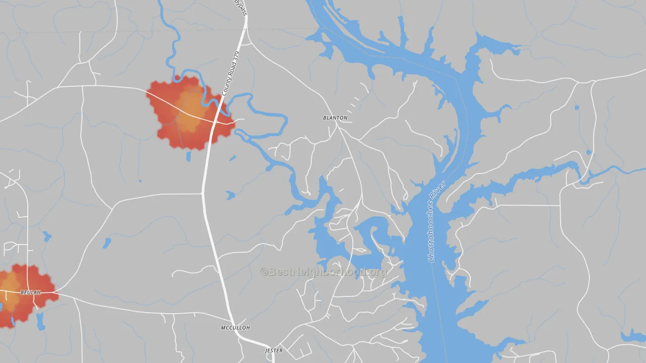 Walk Grade map of Blanton, AL, walkable areas in green and car-dependent areas in red