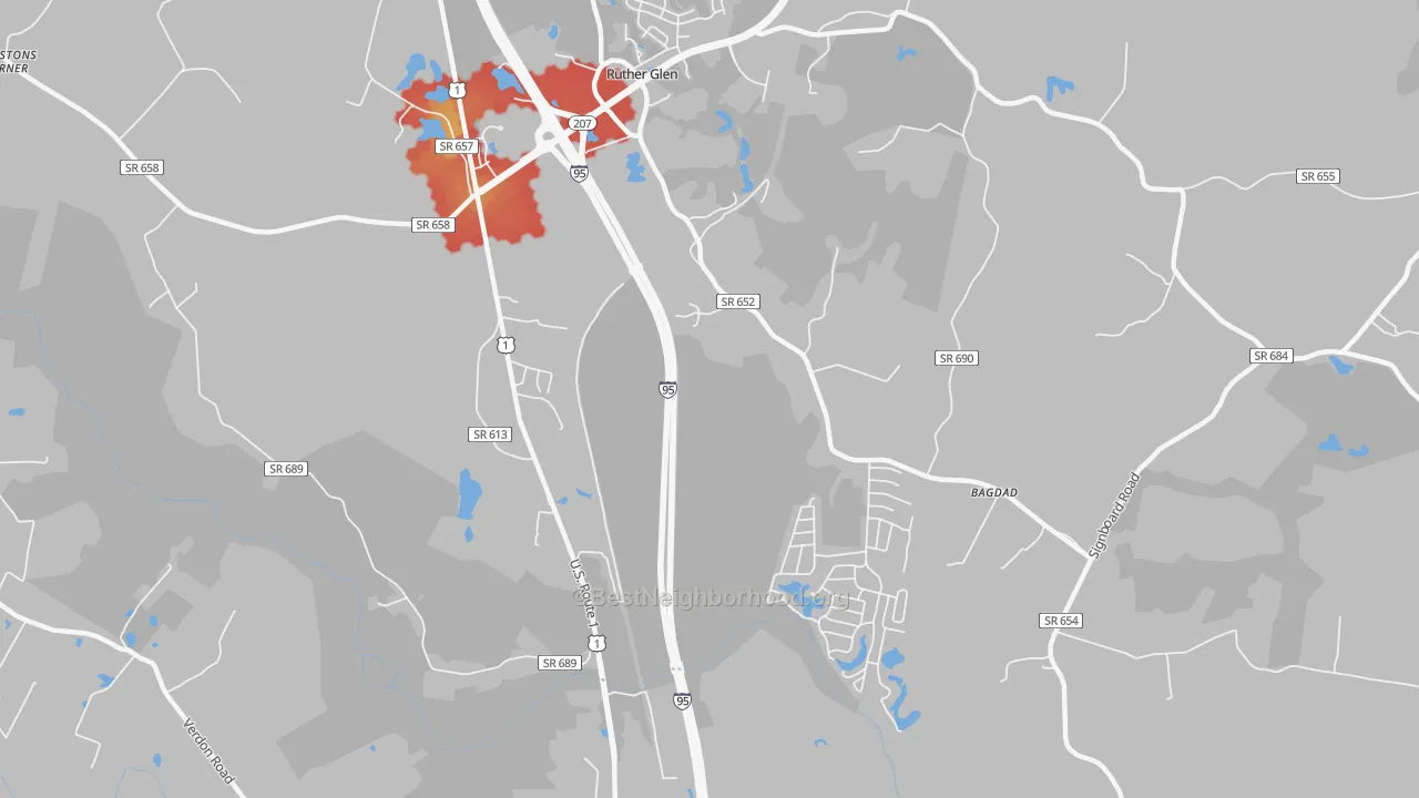 Walk Grade map of Blantons, VA, walkable areas in green and car-dependent areas in red