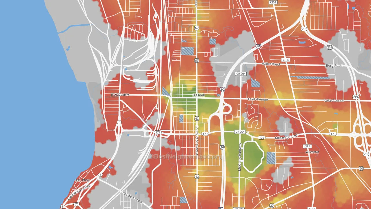 Walk Grade map of Blasdell, NY, walkable areas in green and car-dependent areas in red