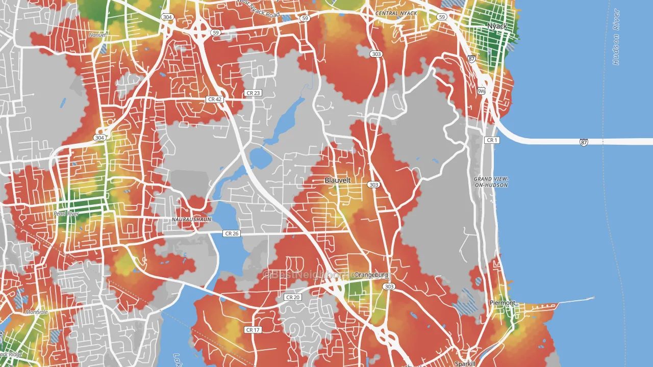 Walk Grade map of Blauvelt, NY, walkable areas in green and car-dependent areas in red