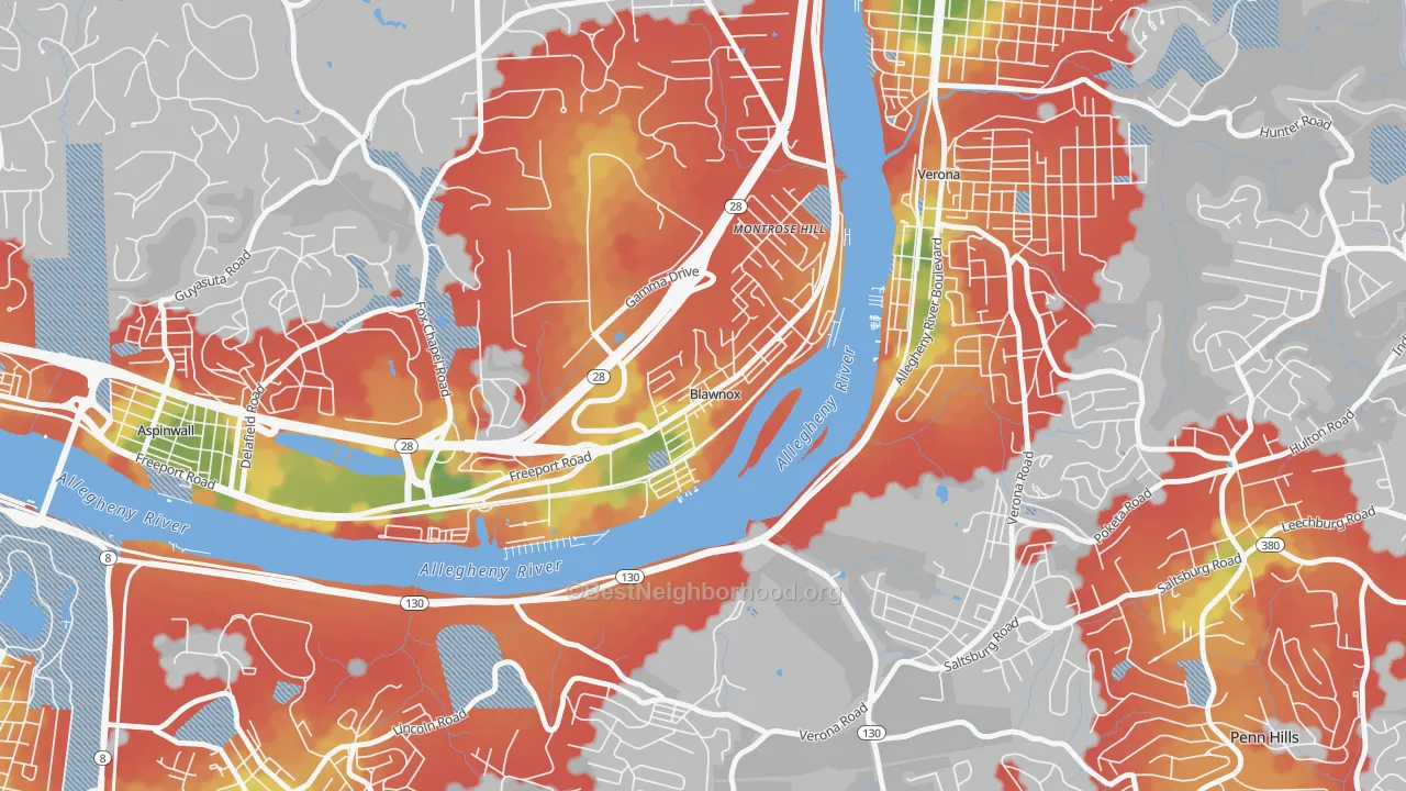 Walk Grade map of Blawnox, PA, walkable areas in green and car-dependent areas in red