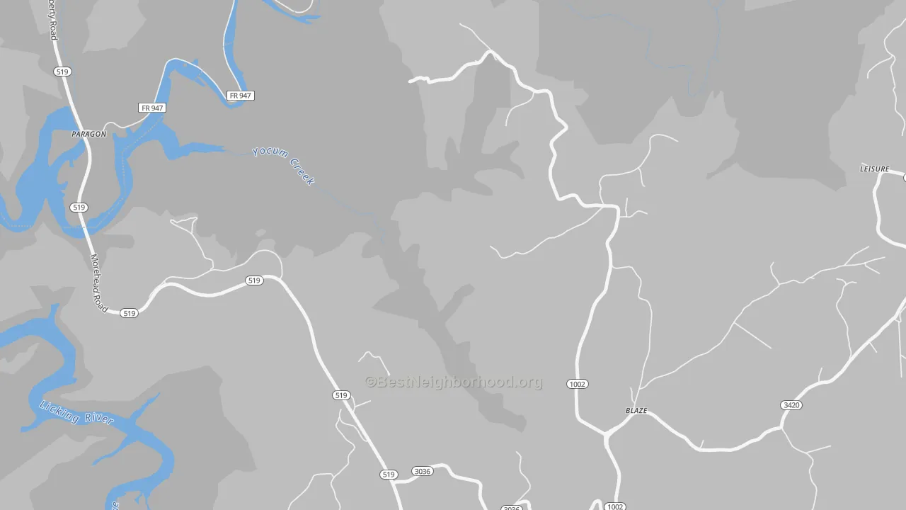 Walk Grade map of Blaze, KY, walkable areas in green and car-dependent areas in red