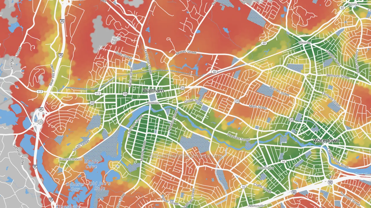 Walk Grade map of Bleachery, Waltham, MA, walkable areas in green and car-dependent areas in red