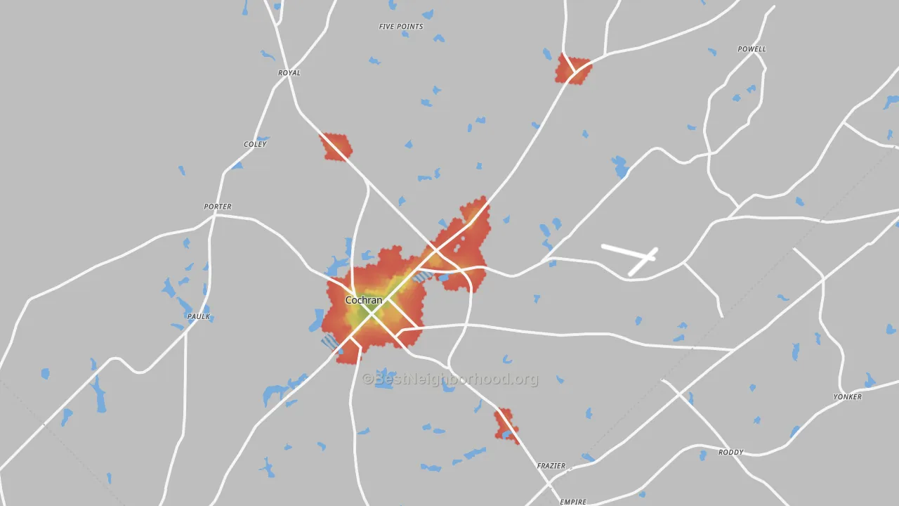 Walk Grade map of Bleckley County, GA, walkable areas in green and car-dependent areas in red