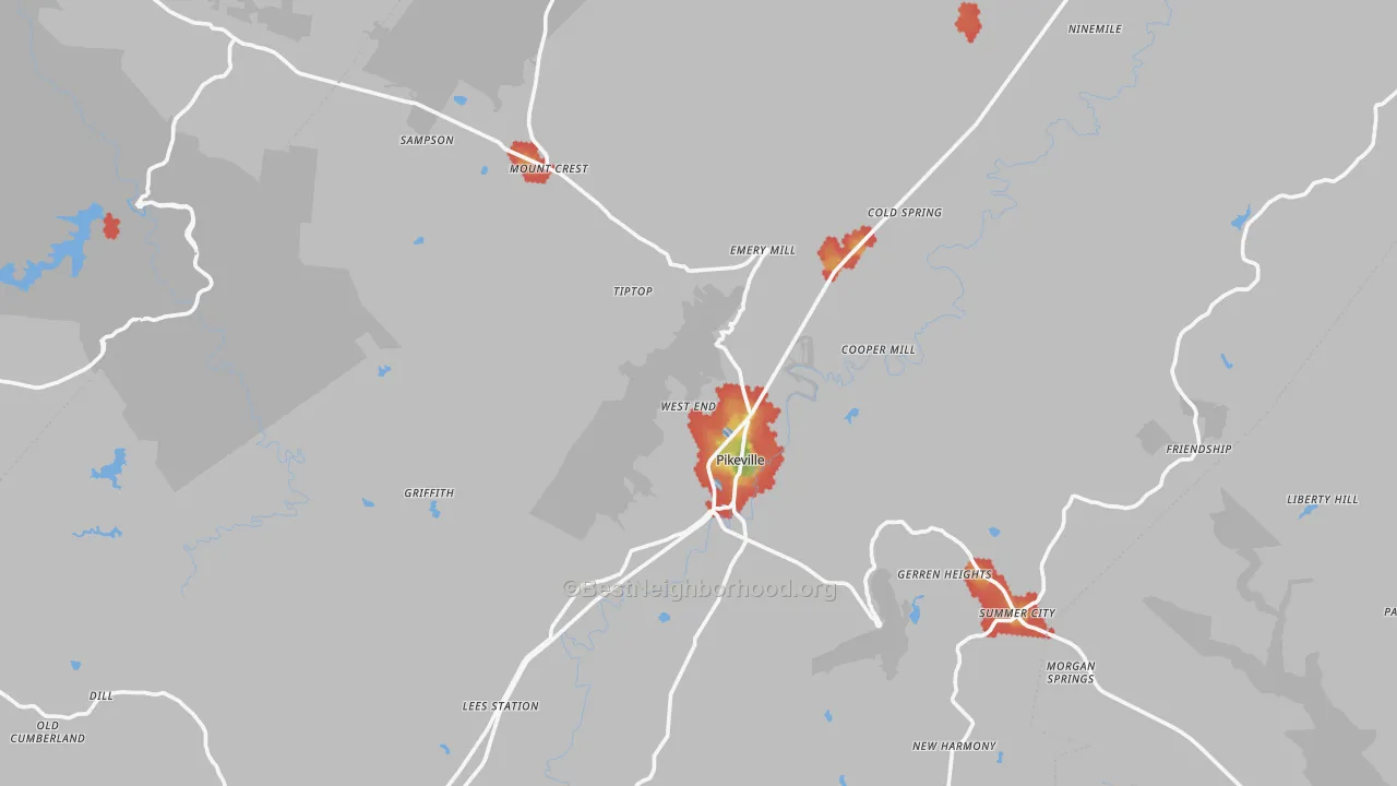 Walk Grade map of Bledsoe County, TN, walkable areas in green and car-dependent areas in red