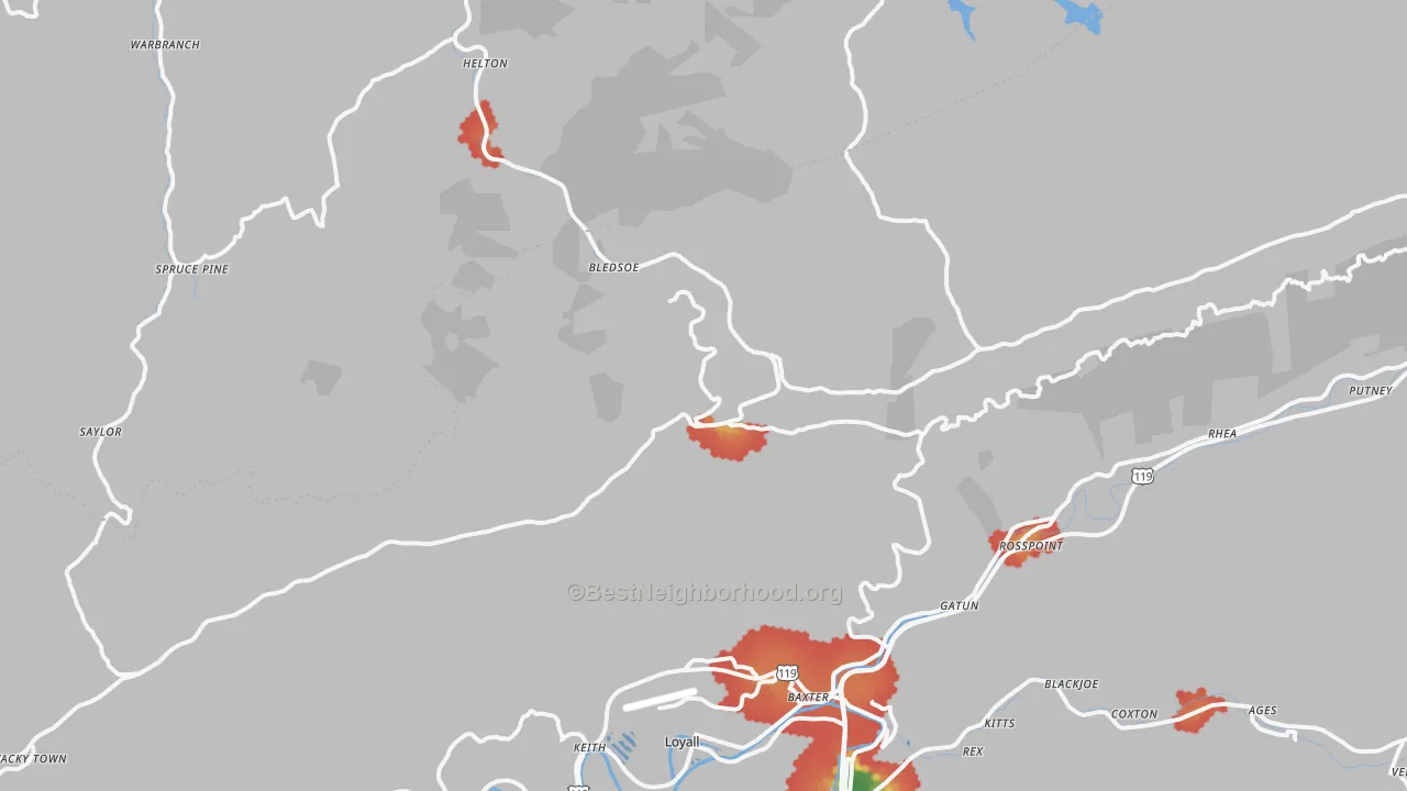Walk Grade map of Bledsoe, KY, walkable areas in green and car-dependent areas in red