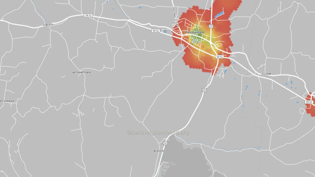 Walk Grade map of Bledsoe, TN, walkable areas in green and car-dependent areas in red