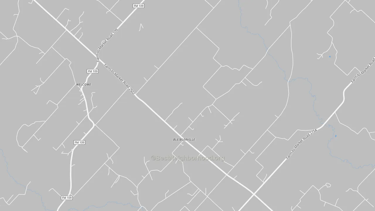 Walk Grade map of Bleiblerville, TX, walkable areas in green and car-dependent areas in red
