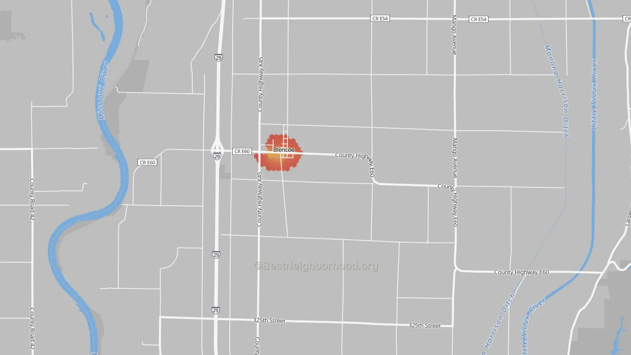 Walk Grade map of Blencoe, IA, walkable areas in green and car-dependent areas in red