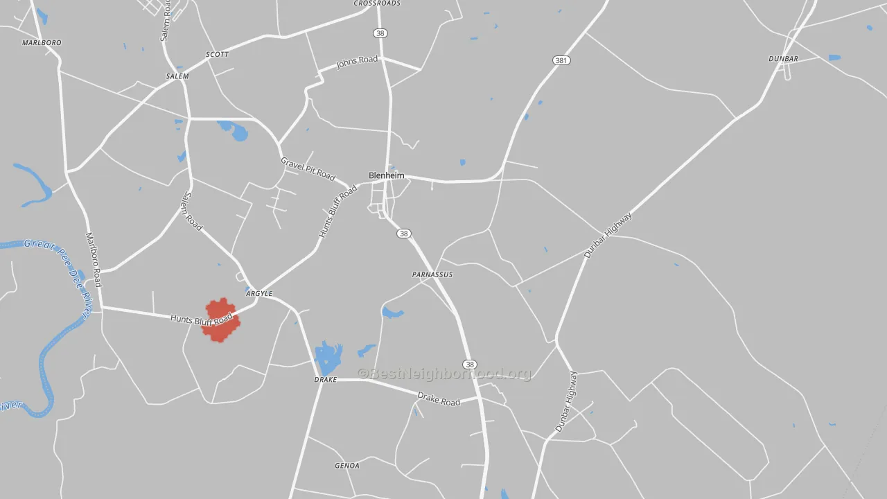 Walk Grade map of Blenheim, SC, walkable areas in green and car-dependent areas in red
