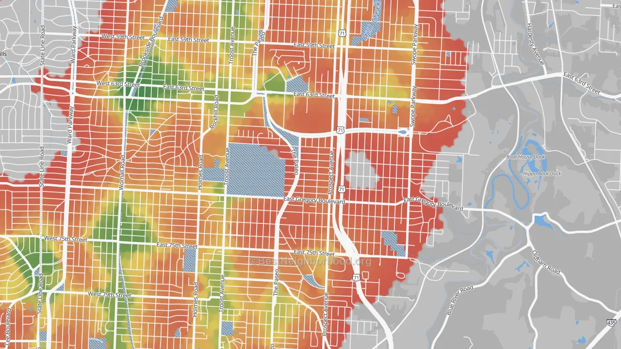 Walk Grade map of Blenheim Square, Kansas City, MO, walkable areas in green and car-dependent areas in red