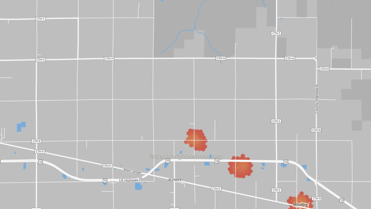 Walk Grade map of Blenker, WI, walkable areas in green and car-dependent areas in red