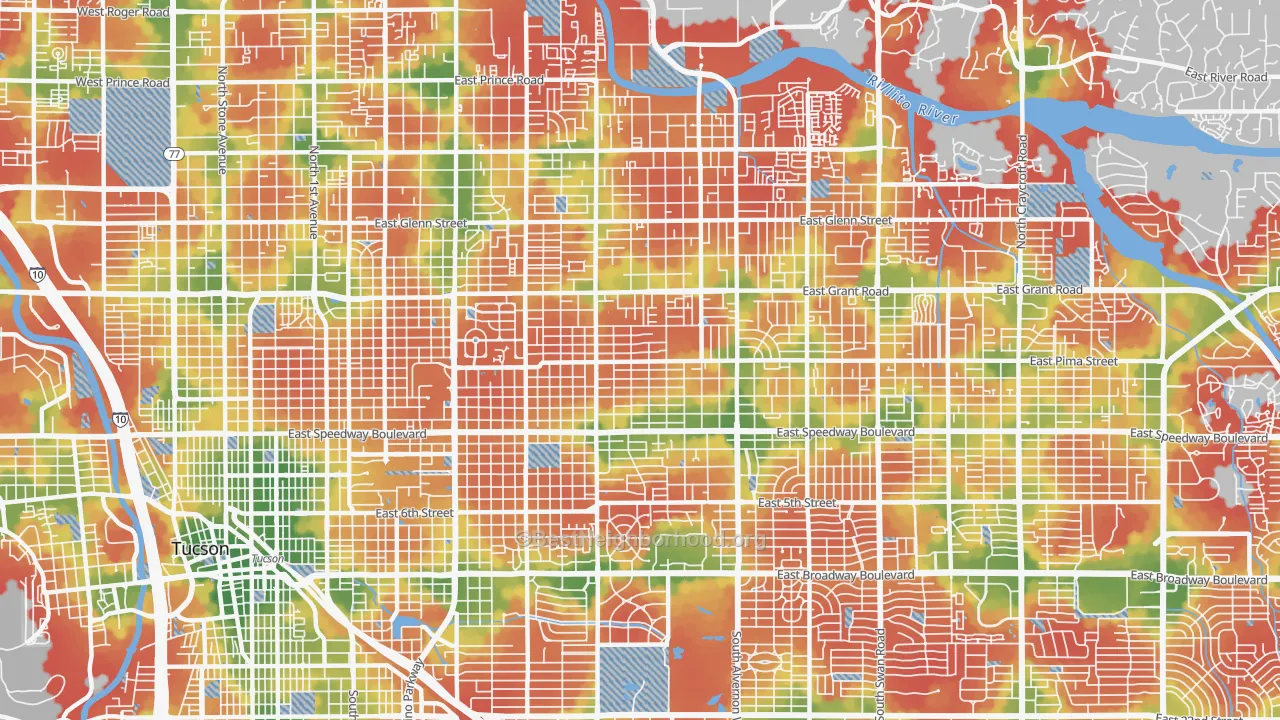 Walk Grade map of Blenman-Elm, Tucson, AZ, walkable areas in green and car-dependent areas in red