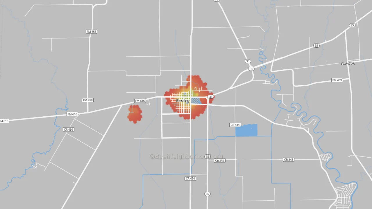 Walk Grade map of Blessing, TX, walkable areas in green and car-dependent areas in red