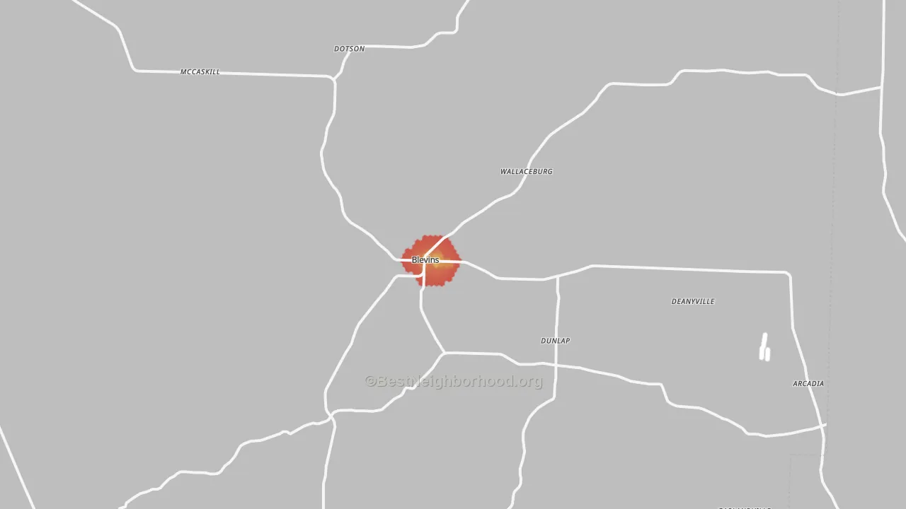 Walk Grade map of Blevins, AR, walkable areas in green and car-dependent areas in red