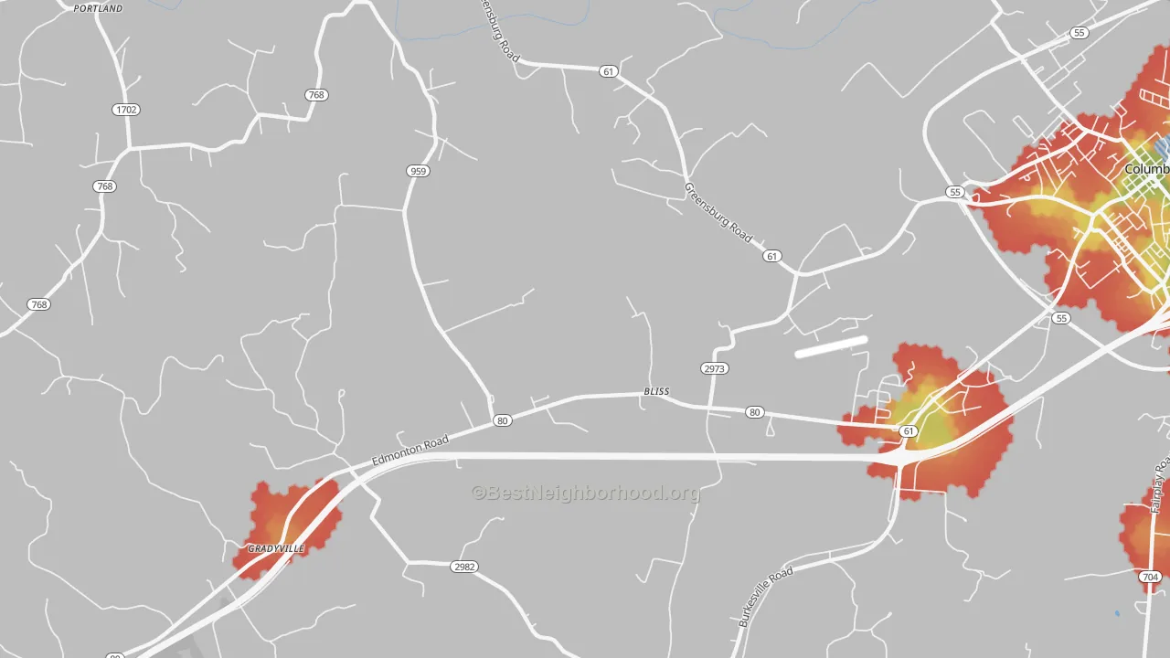 Walk Grade map of Bliss, KY, walkable areas in green and car-dependent areas in red