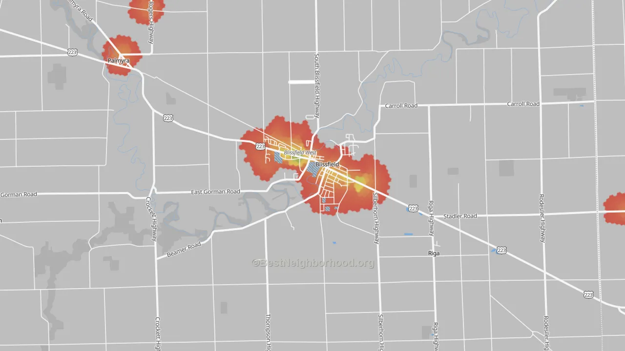 Walk Grade map of Blissfield, MI, walkable areas in green and car-dependent areas in red