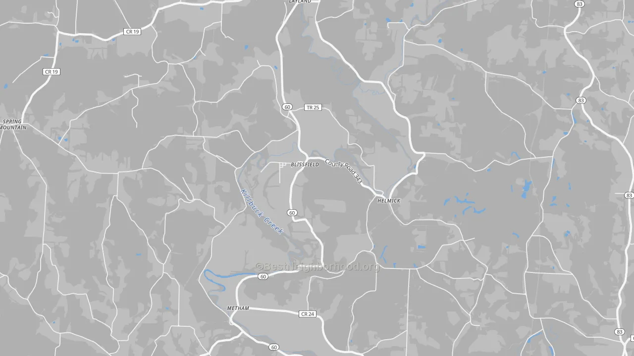 Walk Grade map of Blissfield, OH, walkable areas in green and car-dependent areas in red