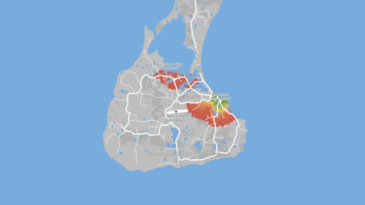 Walk Grade map of Block Island, RI, walkable areas in green and car-dependent areas in red