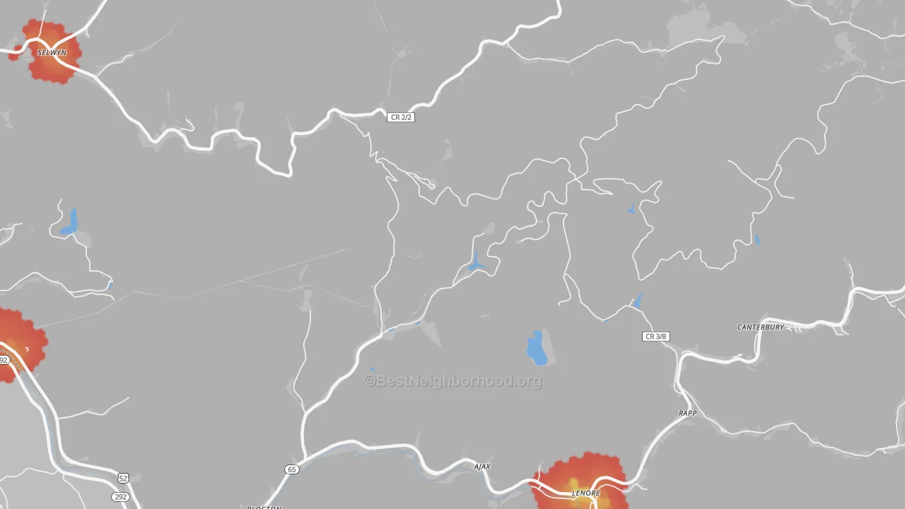 Walk Grade map of Blocton, WV, walkable areas in green and car-dependent areas in red