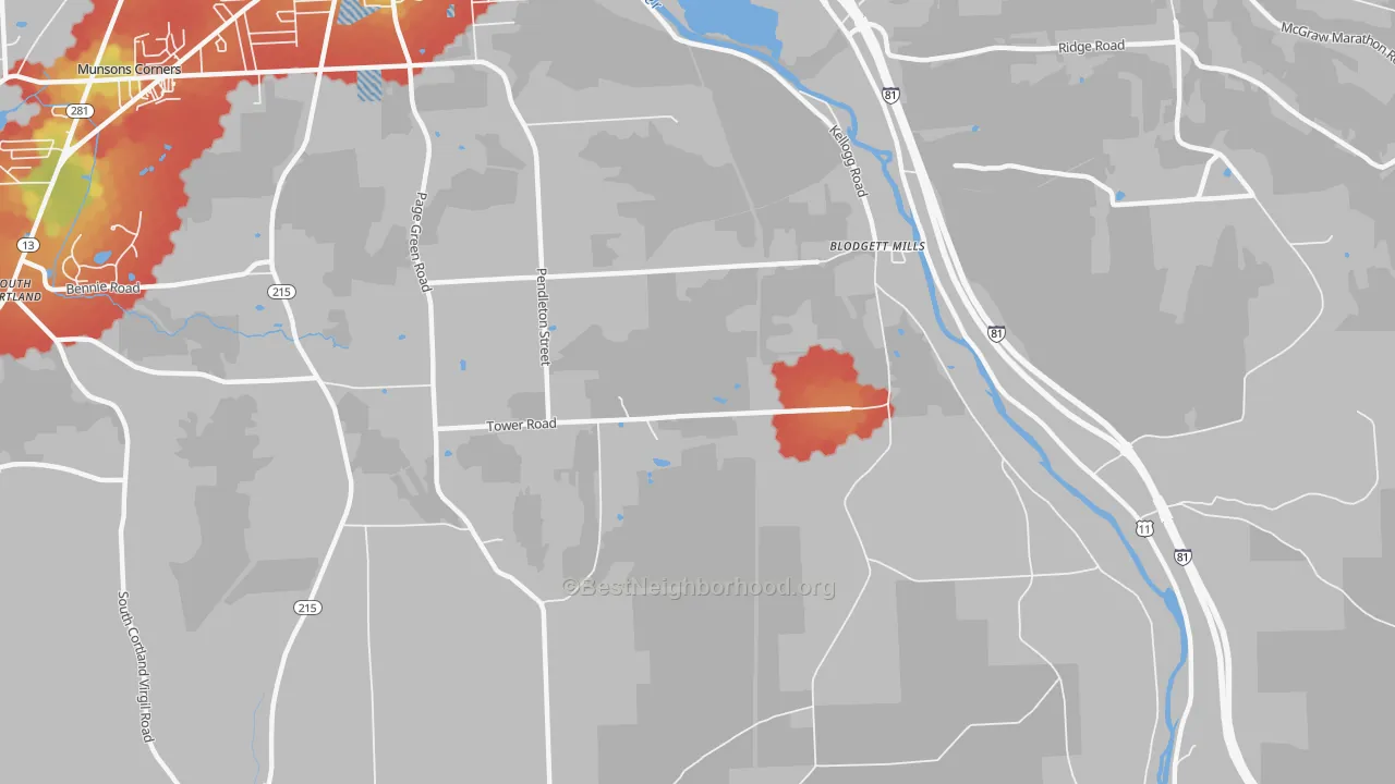 Walk Grade map of Blodgett Mills, NY, walkable areas in green and car-dependent areas in red