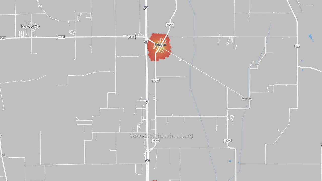 Walk Grade map of Blodgett, MO, walkable areas in green and car-dependent areas in red