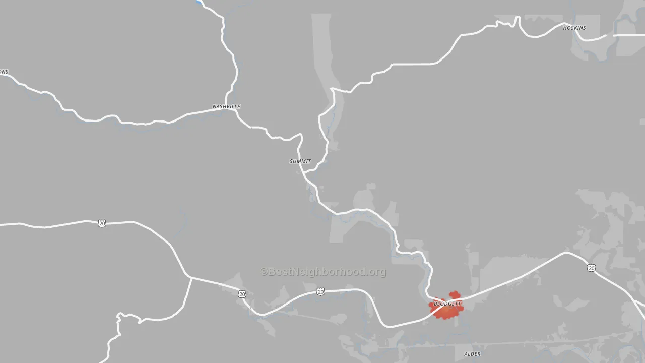 Walk Grade map of Blodgett, OR, walkable areas in green and car-dependent areas in red