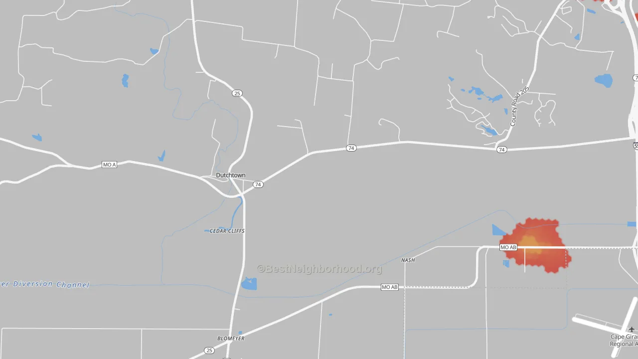 Walk Grade map of Blomeyer, MO, walkable areas in green and car-dependent areas in red