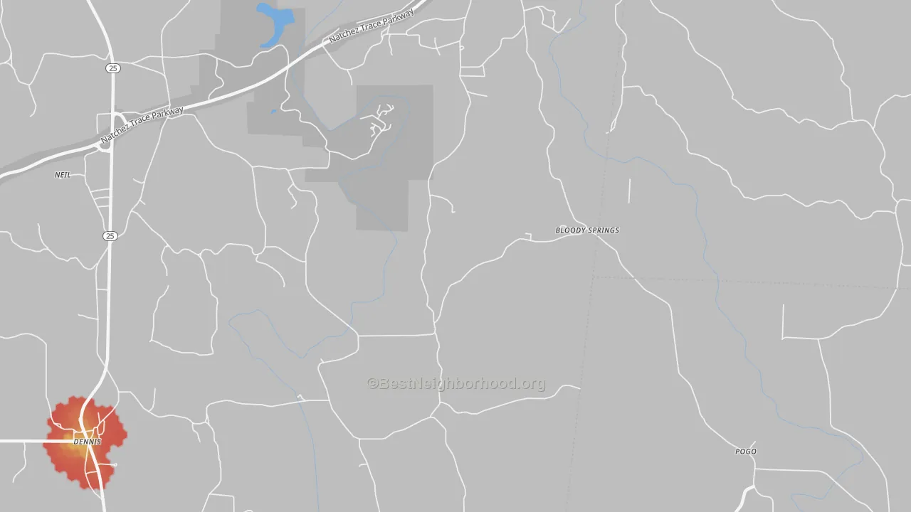 Walk Grade map of Bloody Springs, MS, walkable areas in green and car-dependent areas in red